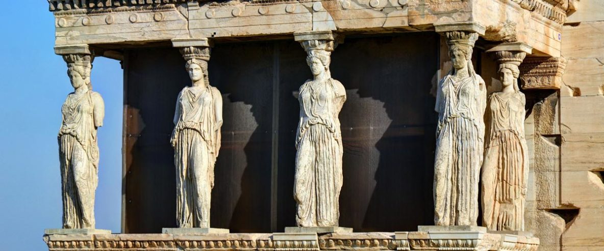 The Caryatids of the Erechtheion at the Acropolis of Athens Greece.