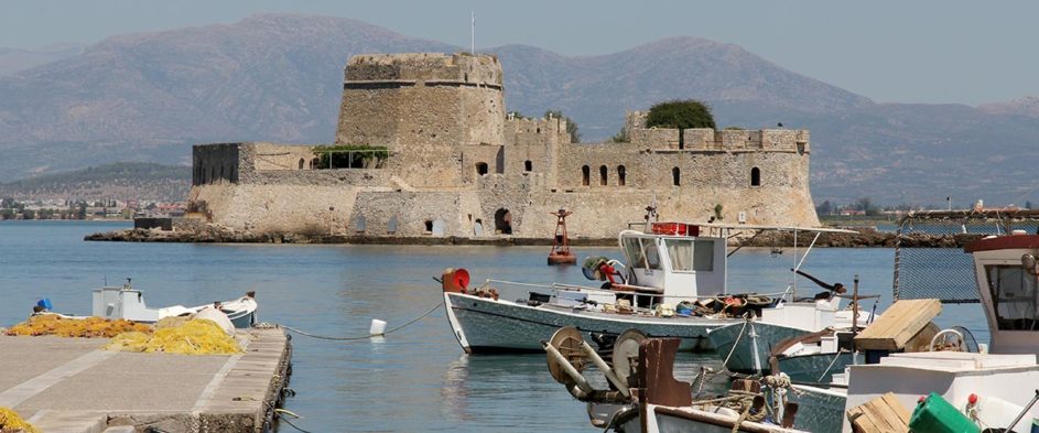 View of castle Bourtzi in Nafplio Greece.